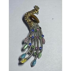 Peacock Brooch Pin Colorful Rhinestone‎ Jewel Tone Bird Statement